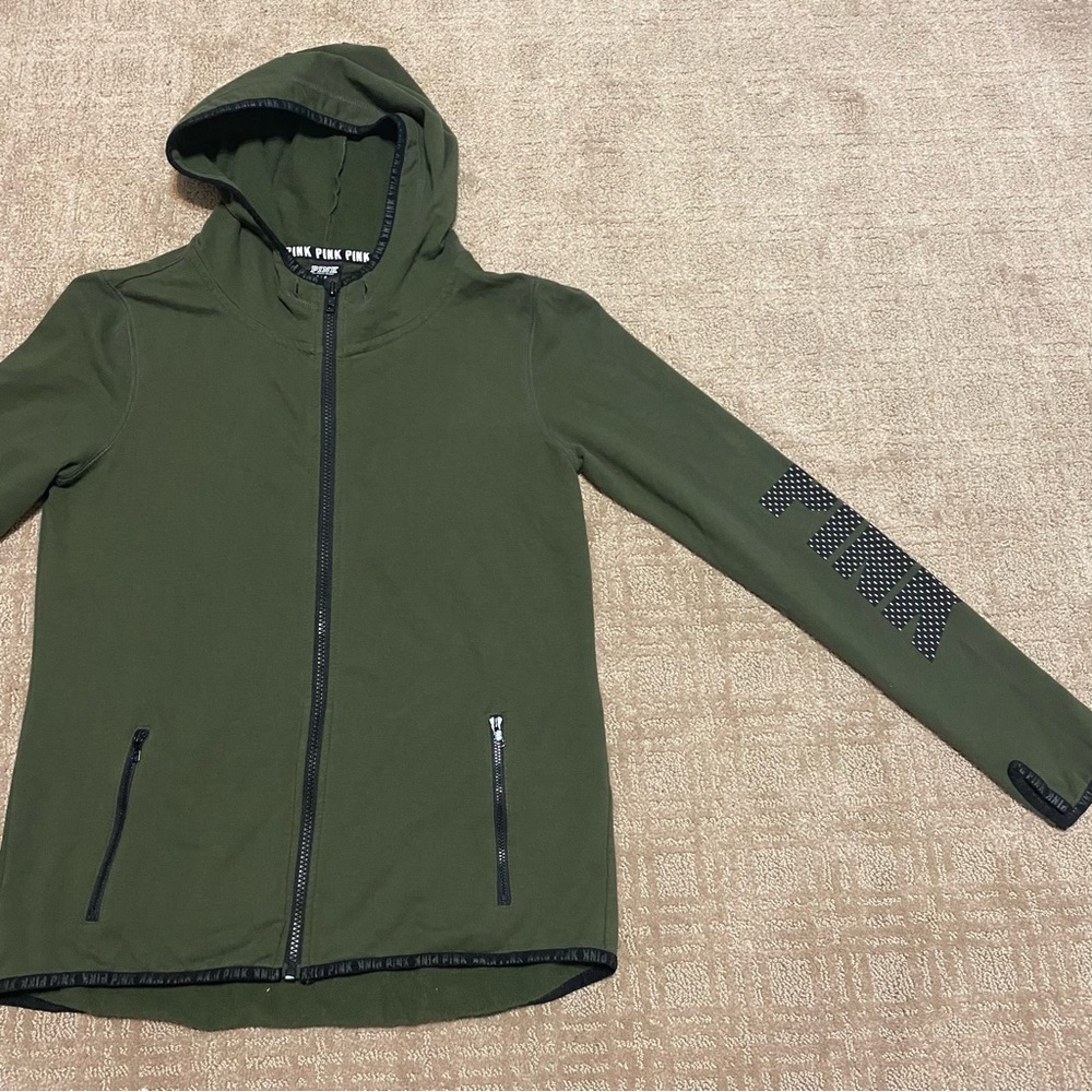 {Victoria’s Secret | PINK} Green Hooded Zip Up Sweatshirt ~ Size Small - Picture 3 of 16